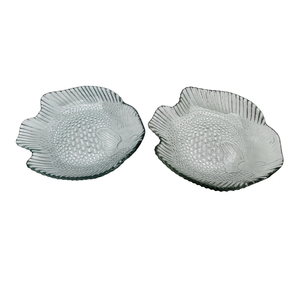 Vintage Light Green Textured Glass Fish Shaped Bowls Plates Set of 2 Seafoam
